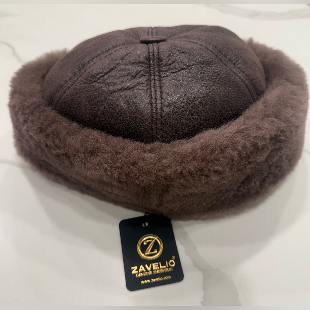 Zavelio Unisex Shearling Sheepskin Winter Fur Beanie Hat Size Large Brown NWT
